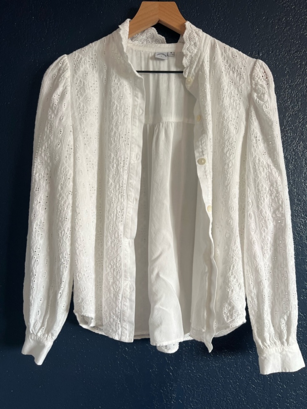 Petite Studio White Eyelet Embroidered Button Front Long Sleeve Blouse - Picture 4 of 6